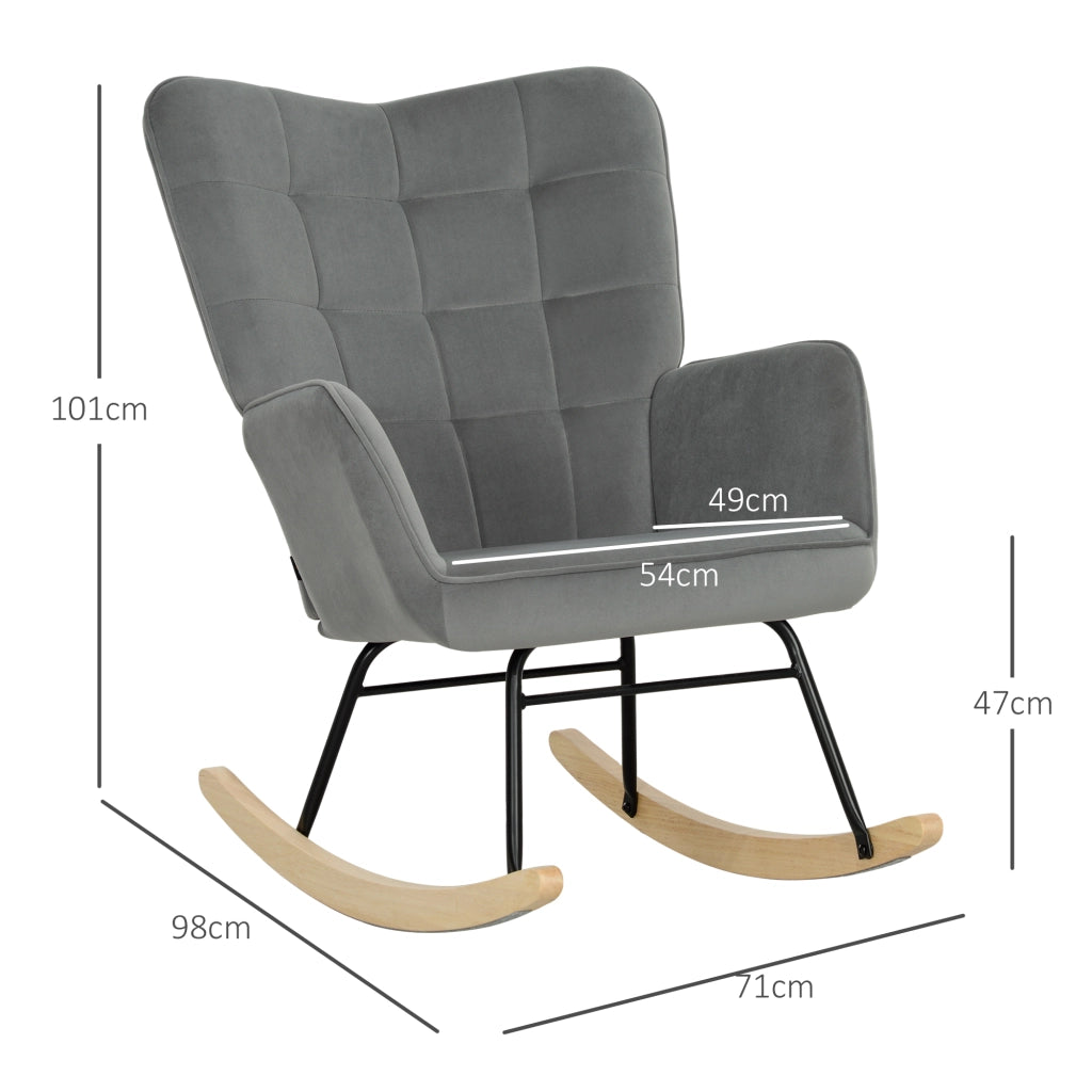 Sedia a dondolo, poltrona a dondolo effetto velluto, braccioli, poltrona con pattini in legno, reclinabile per soggiorno, camera da letto, grigio