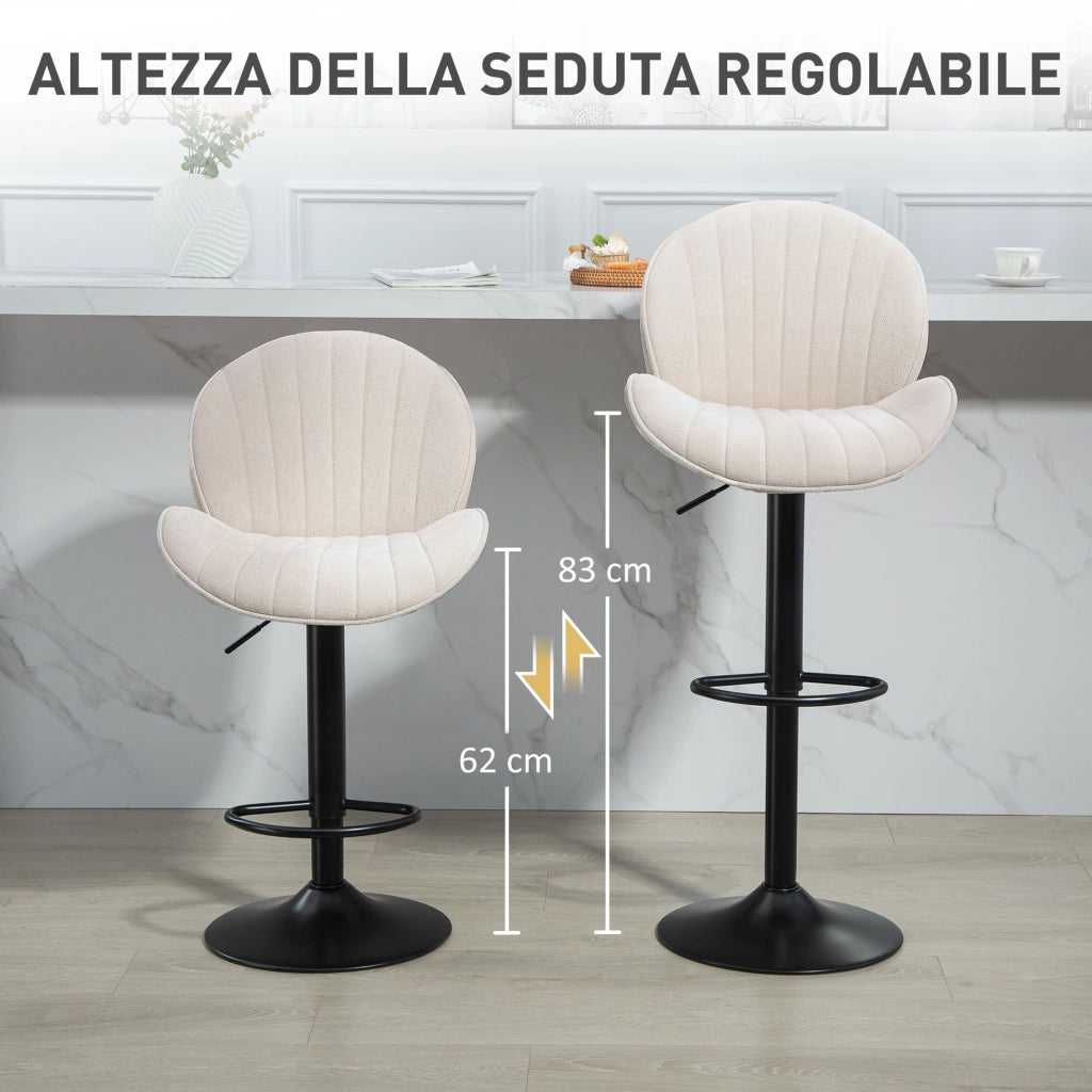 Set 2 Sgabelli da Bar a Conchiglia con Poggiapiedi. in Tessuto Effetto Ciniglia. 48x50x94-115 cm. Nero e Beige