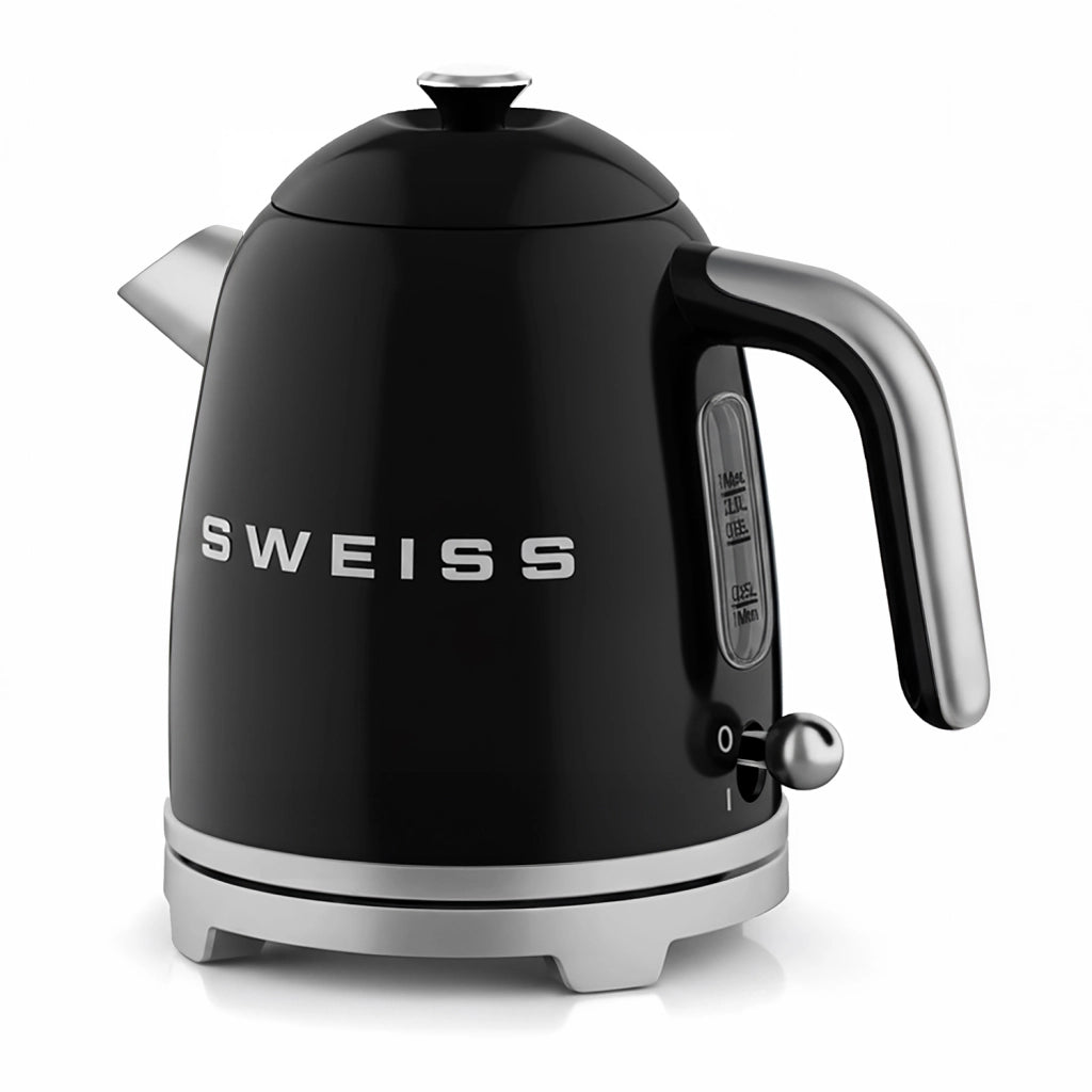 Bollitore elettrico vintage KTS7, 1 L, acciaio inox, 1000 W,Base girevole a 360°, Nero