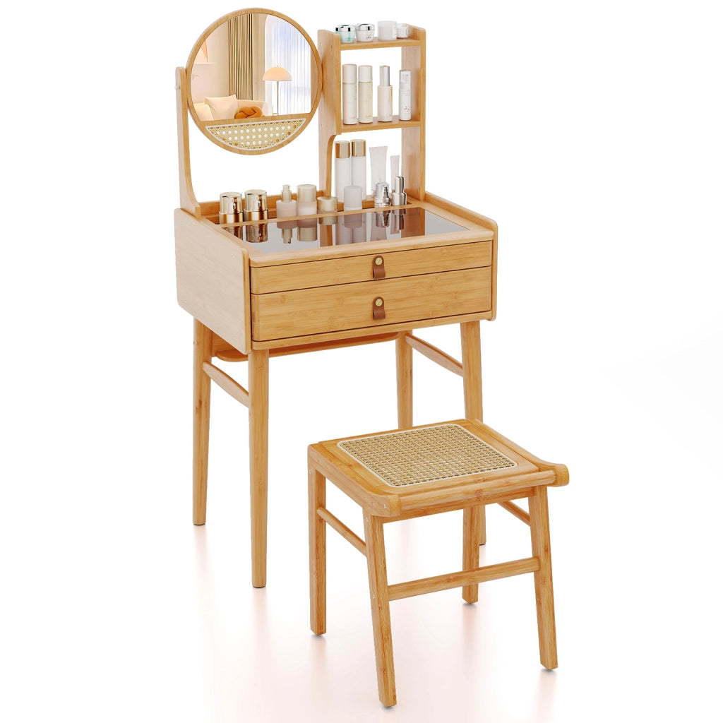 Sgabello vanity in bamb¨´ e scrivania vanity piccola, Sgabello per trucco e tavolo in bamb¨´ per spazi piccoli Naturale