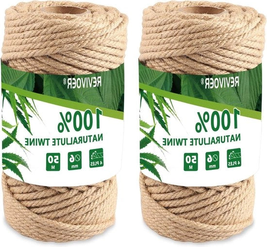 50 m Filo di canapa 6 mm - Filo di canapa naturale accessori per gatti - Decorazione e decorazione di interni 2 pezzi (marrone)