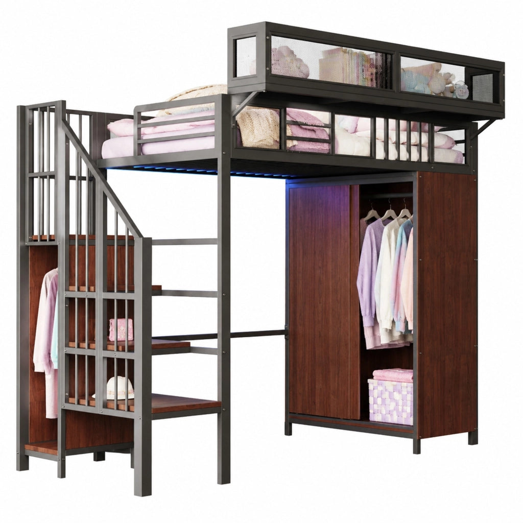 LETTO a soppalco 90x200 cm nero in metallo e legno con armadio e LED