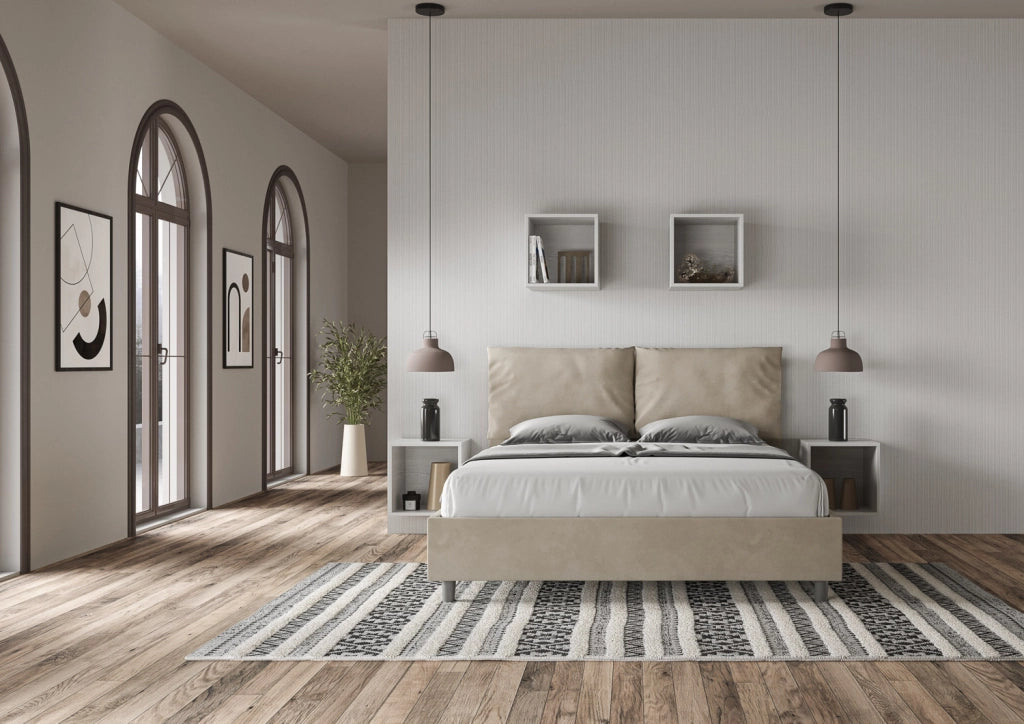 BS COM Letto matrimoniale contenitore doppia alzata imbottito 160x200 microfibra sabbia