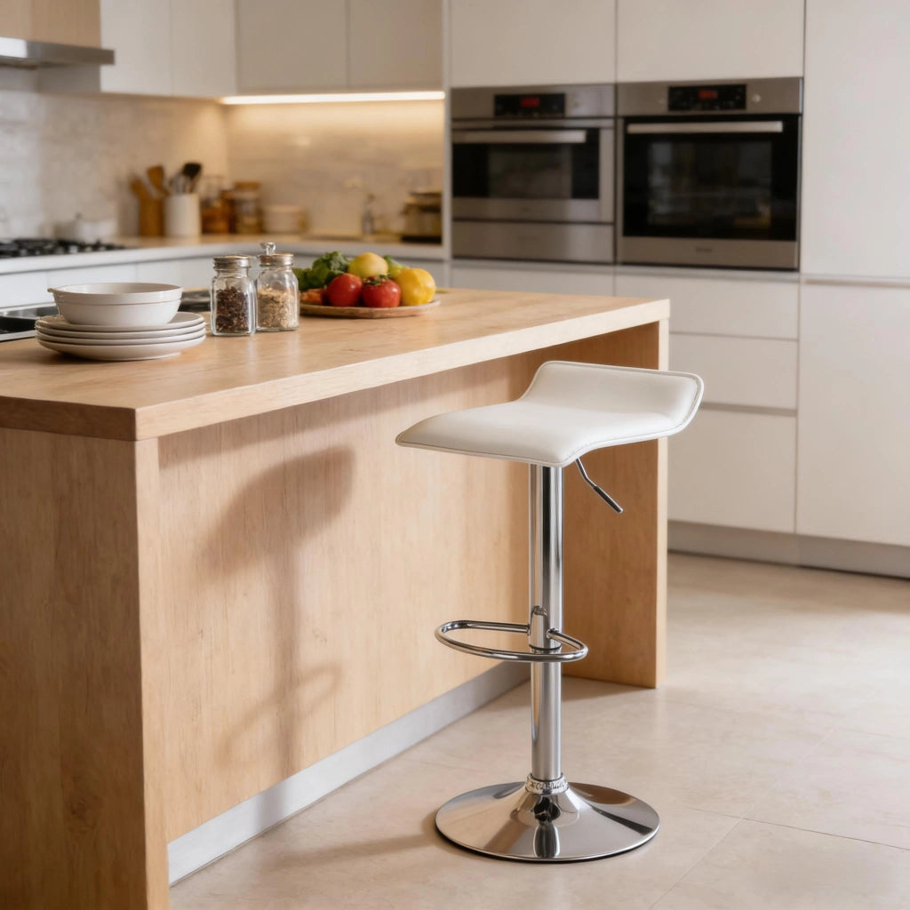 Sgabello da bar girevole con altezza regolabile e design ergonomico in similpelle bianca e acciaio