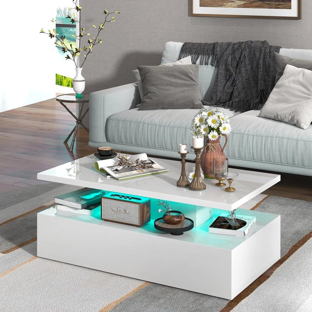 Tavolino da Caffè a LED a 2 Livelli con Colori della Luce Regolabili Velocità e Luminosità e Telecomando, Tavolo da Salotto Rettangolare e Moderno per Soggiorno e Ufficio (Bianco)