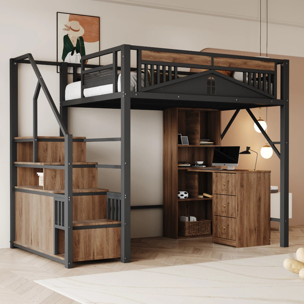 LETTO a soppalco 140x200 cm metallo e legno nero con scala laterale