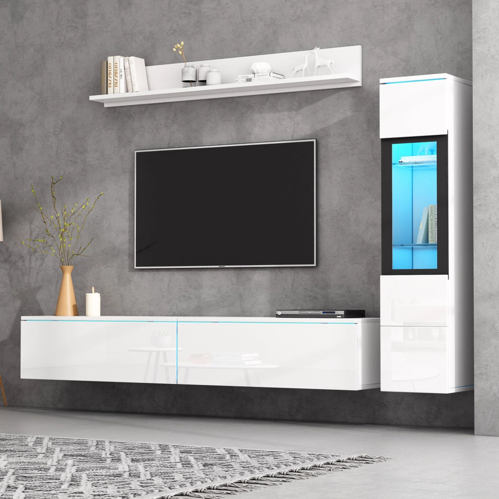 PARETE ATTREZZATA Set da 3 pezzi con LED 180 cm Bianco lucido