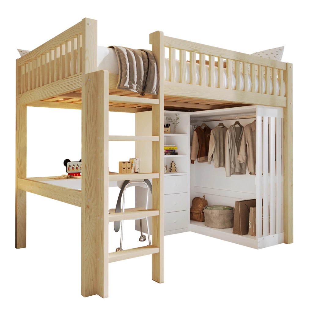 Letto a soppalco 140x200 cm con scrivania; guardaroba; 3 cassetti; in legno di pino e MDF; naturale