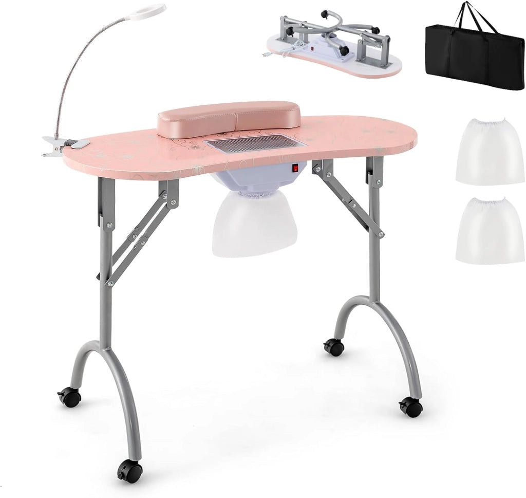 Tavolo per Manicure Pieghevole con Aspiratore, Tavolo per Unghie Portatile con Luce LED Regolabile, Cuscino Poggia Polso Rimovibile, Borsa da Trasporto e 4 Ruote Bloccabili (Rosa)