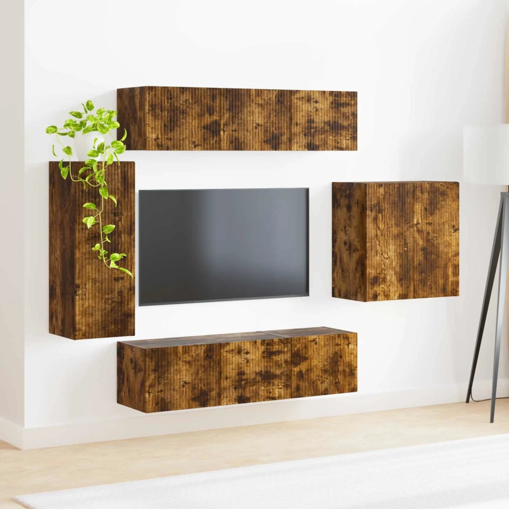 Set di Mobiletto da TV a Parete 6 pz-Credenza per TV sospesa Rovere fum¨¦