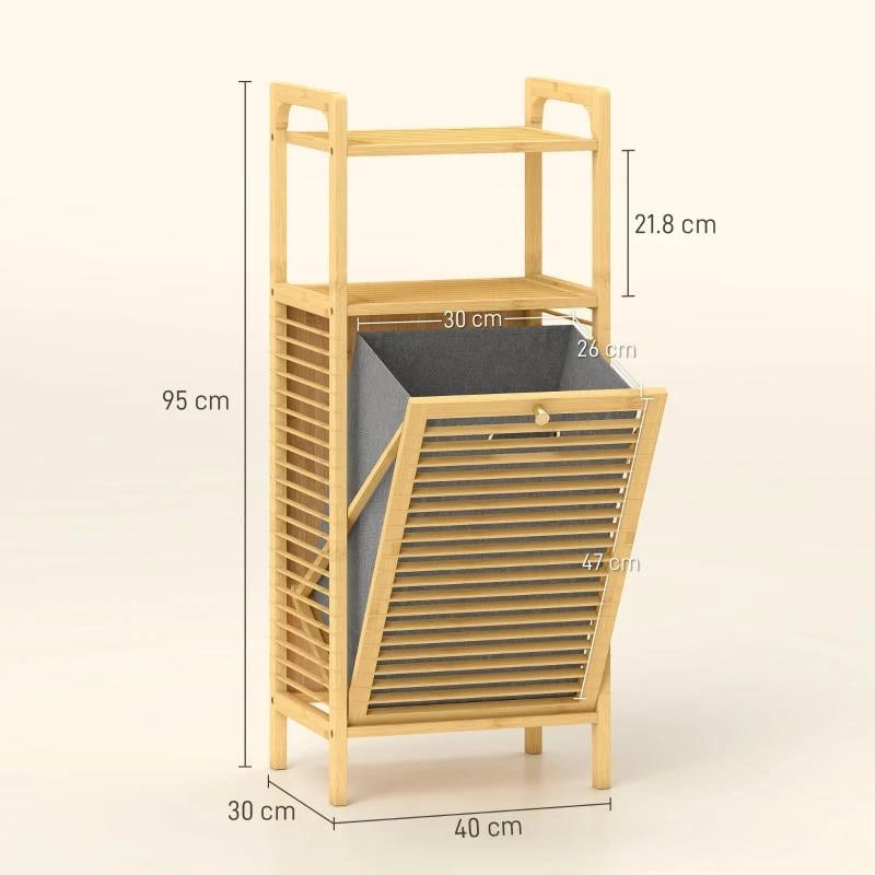 MOBILE BAGNO A DOGHE CON CESTO PORTABIANCHERIA E ARMADIETTO, IN BAMB¨ E POLIESTERE, 40X30X95 CM, GRIGIO E LEGNO