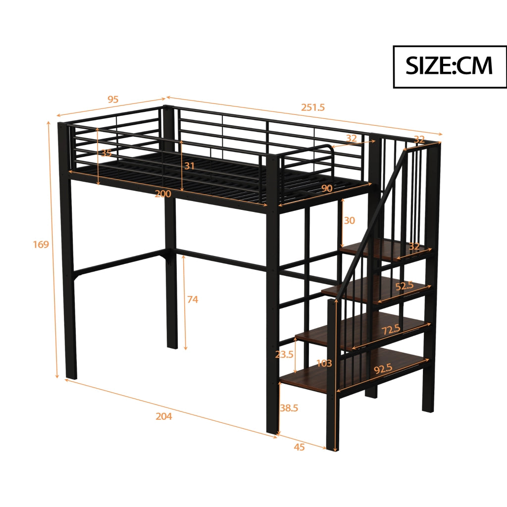 Letto a soppalco singolo 90×200 cm con scala e spazio contenitore; senza materasso; metallo; nero