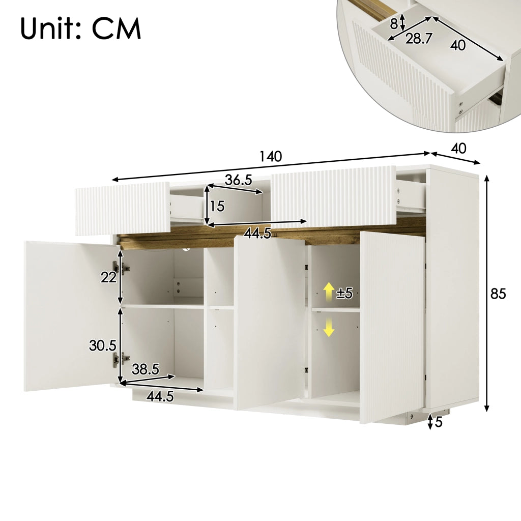COMÒ bianco 140x40x85 cm con LED, 2 cassetti e 3 ante