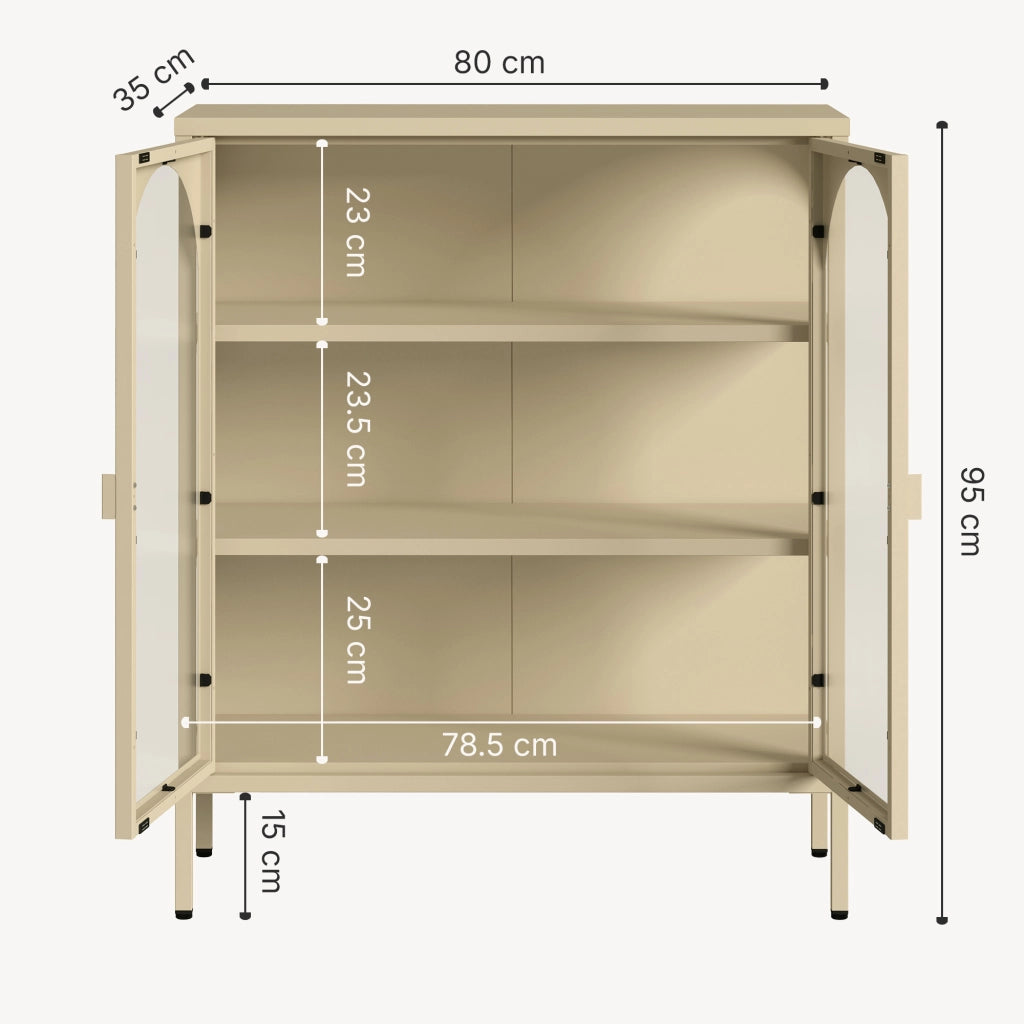 Vetrina Klippestad a 2 Ante in Vetro Credenza con 3 Scomparti 95 x 80 x 35 cm - Color Cammello [en.casa]