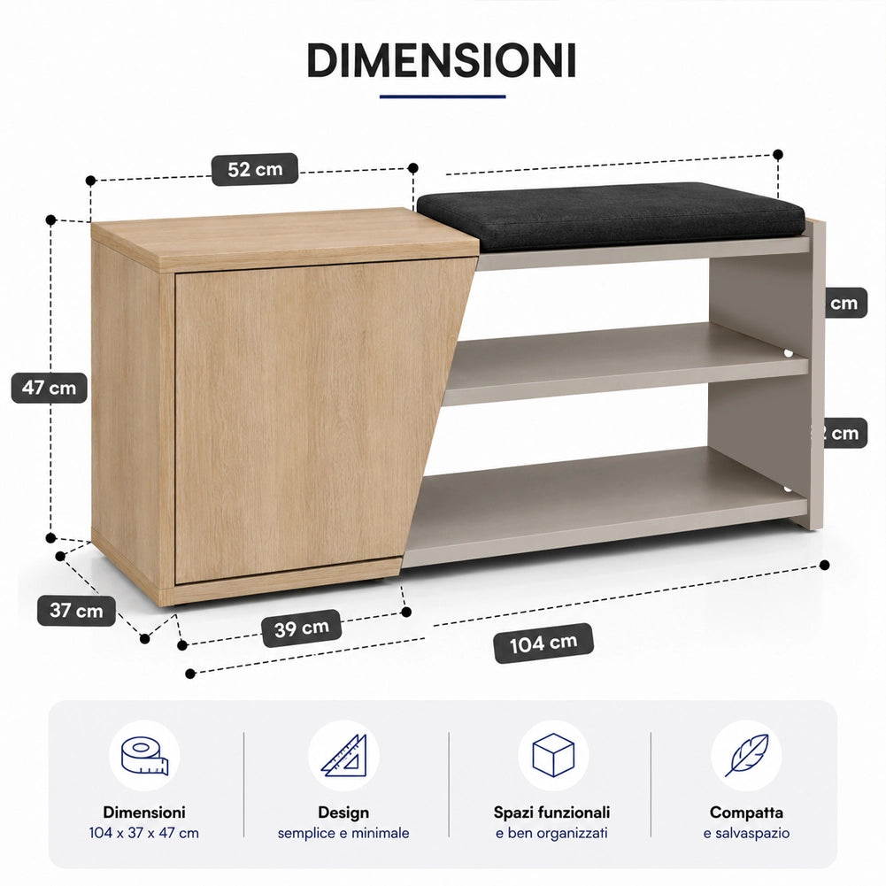 Panca Scarpiera da Ingresso 104x37x47 cm 2 Ripiani Porta Scarpe con Anta e Cuscino in MDF Sabbia