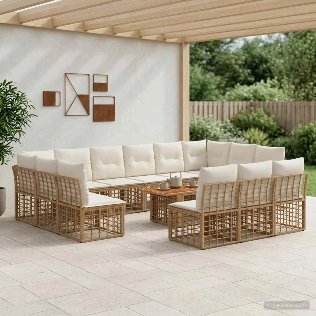 Set Divano da Giardino 14 pz Naturale e Bianco Crema polyrattan 3437918