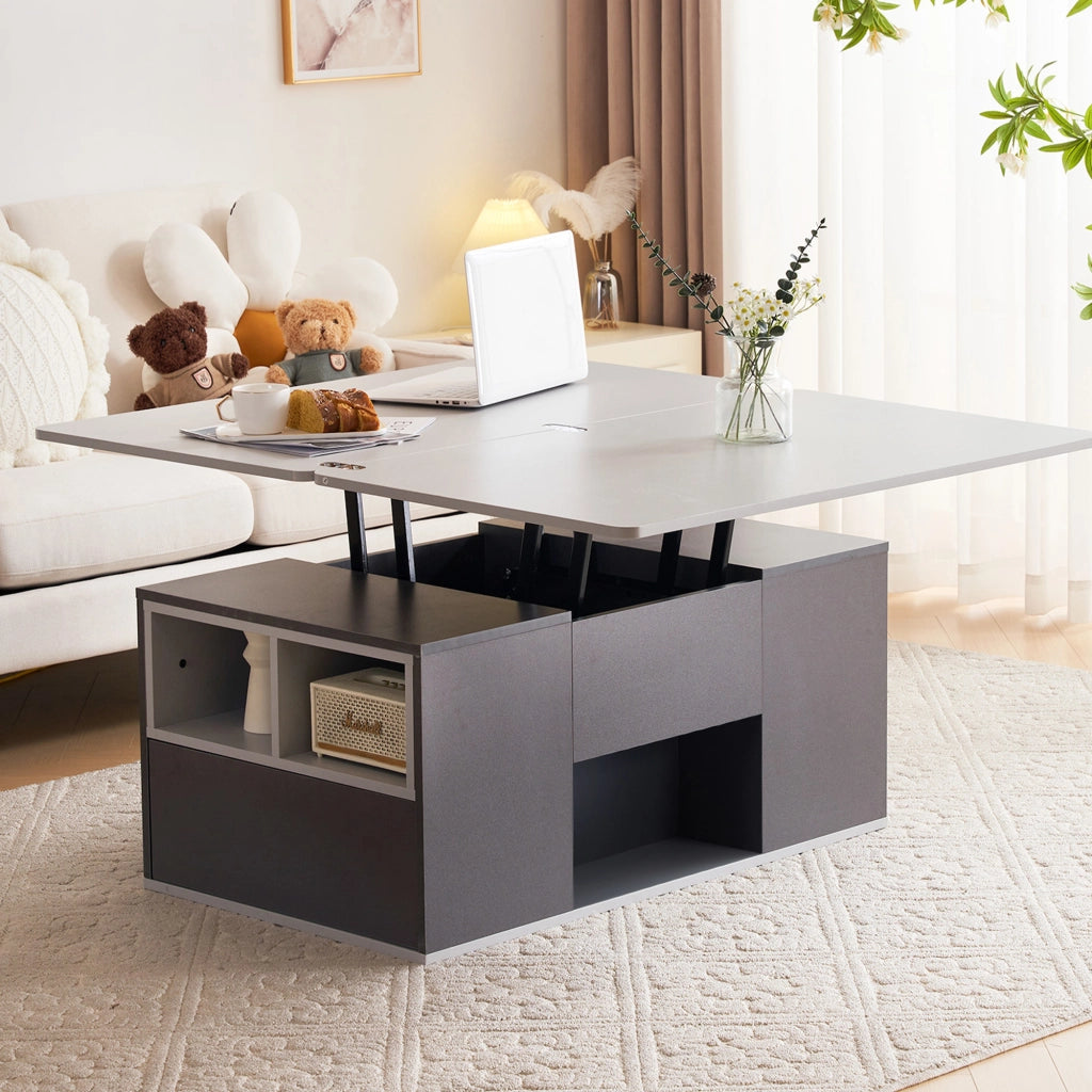 Tavolino da caffè con piano alzabile; 2 cassetti e vani aperti - per soggiorno - 100x51x47 cm - grigio