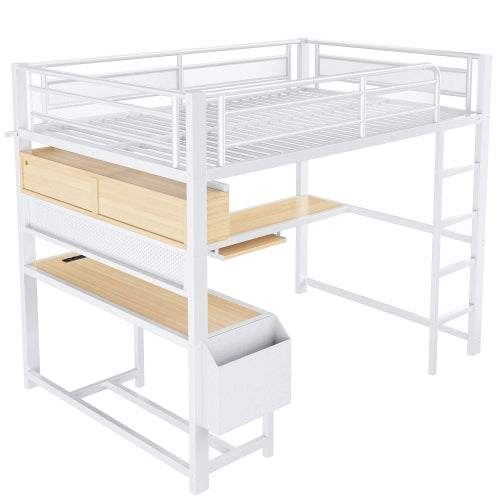 Letto a soppalco con scrivania 140x200 cm LEMONMAX, LED 7 colori, 2 prese e 2 USB, mensole, struttura in metallo, bianco