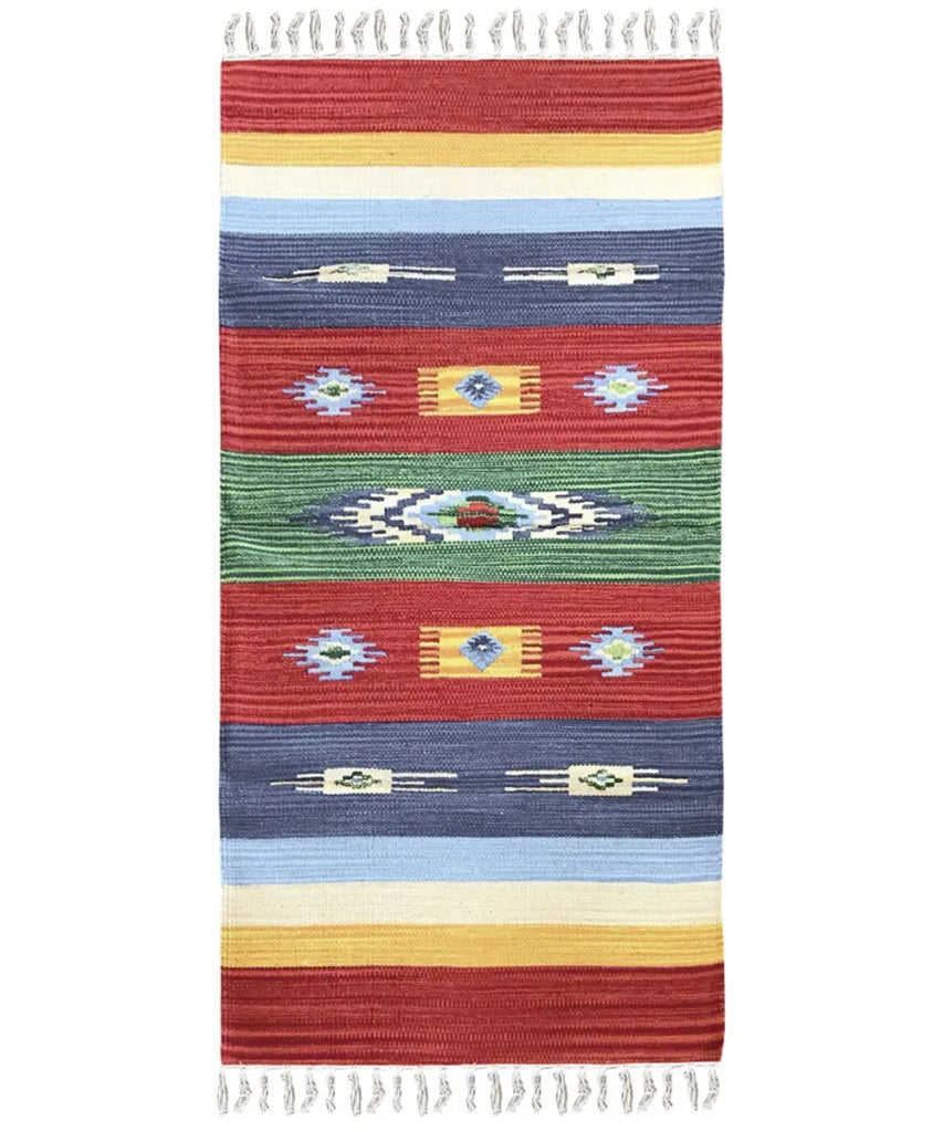 Tappeto passatoia KELIM 03 disegni etnici orientali colori vivaci cm.60x240 tessuto e frangia 100% cotone, lavabile in lavatrice