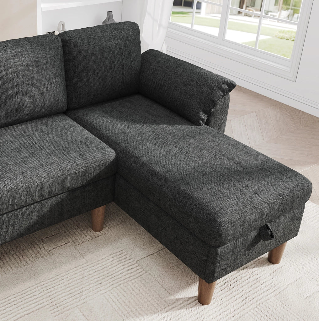 Divano angolare L 3 posti con chaise longue contenitore reversibile; USB e Type-C; grigio scuro