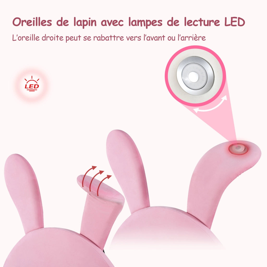 OKWISH Letto Bambini 90×200 cm, Letto Singolo con 2 Panche Contenitore, LED e Orecchie da Coniglio Pieghevoli, senza Materasso, Velluto Rosa