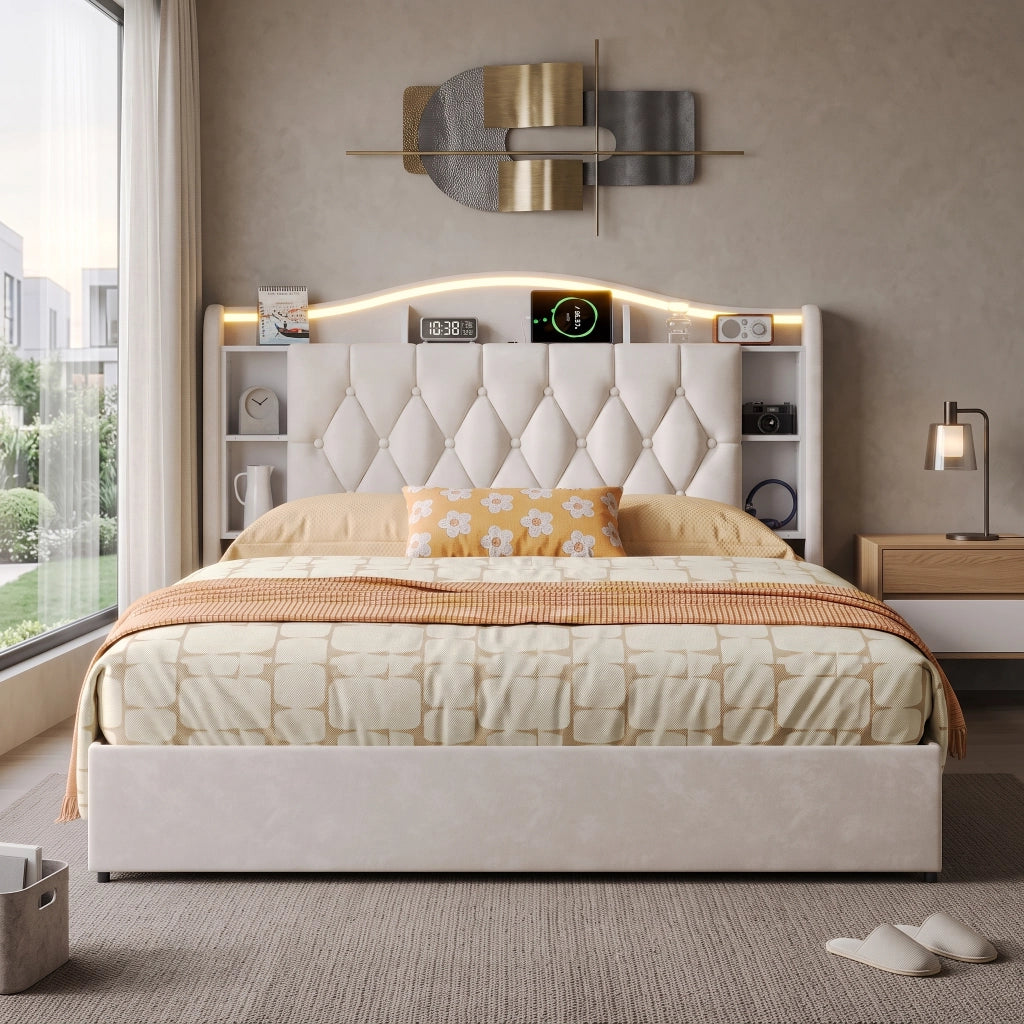 Letto una piazza e mezza 140x200 cm con contenitore LED RGB USB testiera rete a doghe velluto metallo legno - beige