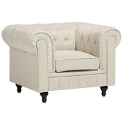 Poltrona Chesterfield Rivestimento in Tessuto Beige Gambe in Legno Scuro Contemporanea
