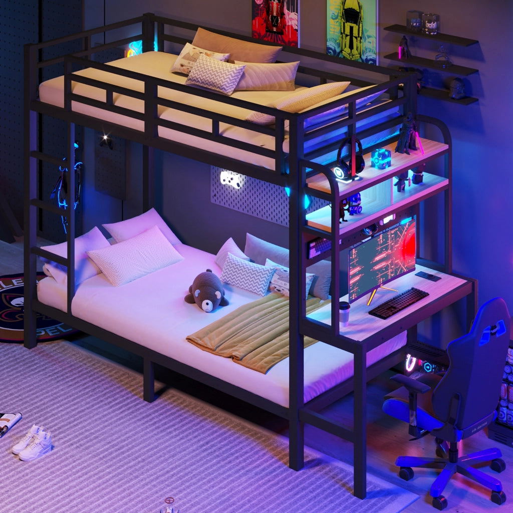LETTO A CASTELLO 90x200 cm Metallo Nero con scrivania, LED e USB