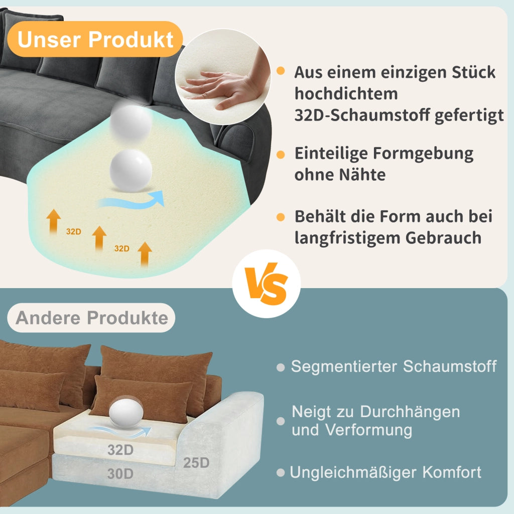 Divano modulare convertibile con chaise longue e braccioli larghi in chenille grigio