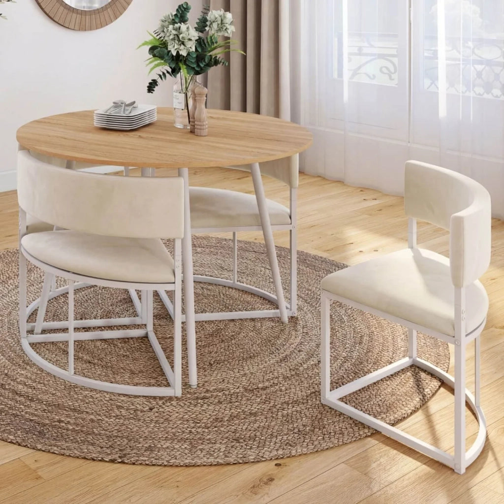 IDMarket - Set composto da tavolo e 4 sedie incastrabili MILENE in metallo bianco, con piano effetto faggio e rivestimento in velluto beige