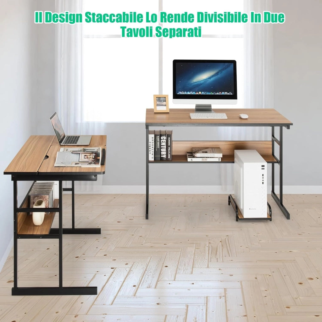 Scrivania Angolare 170 CM, Scrivania per Computer ad Angolo Moderna con Piano Inclinabile, Scaffale Inferiore e Supporto per CPU, Scrivania a Forma di L per Ufficio e Studio (Noce)