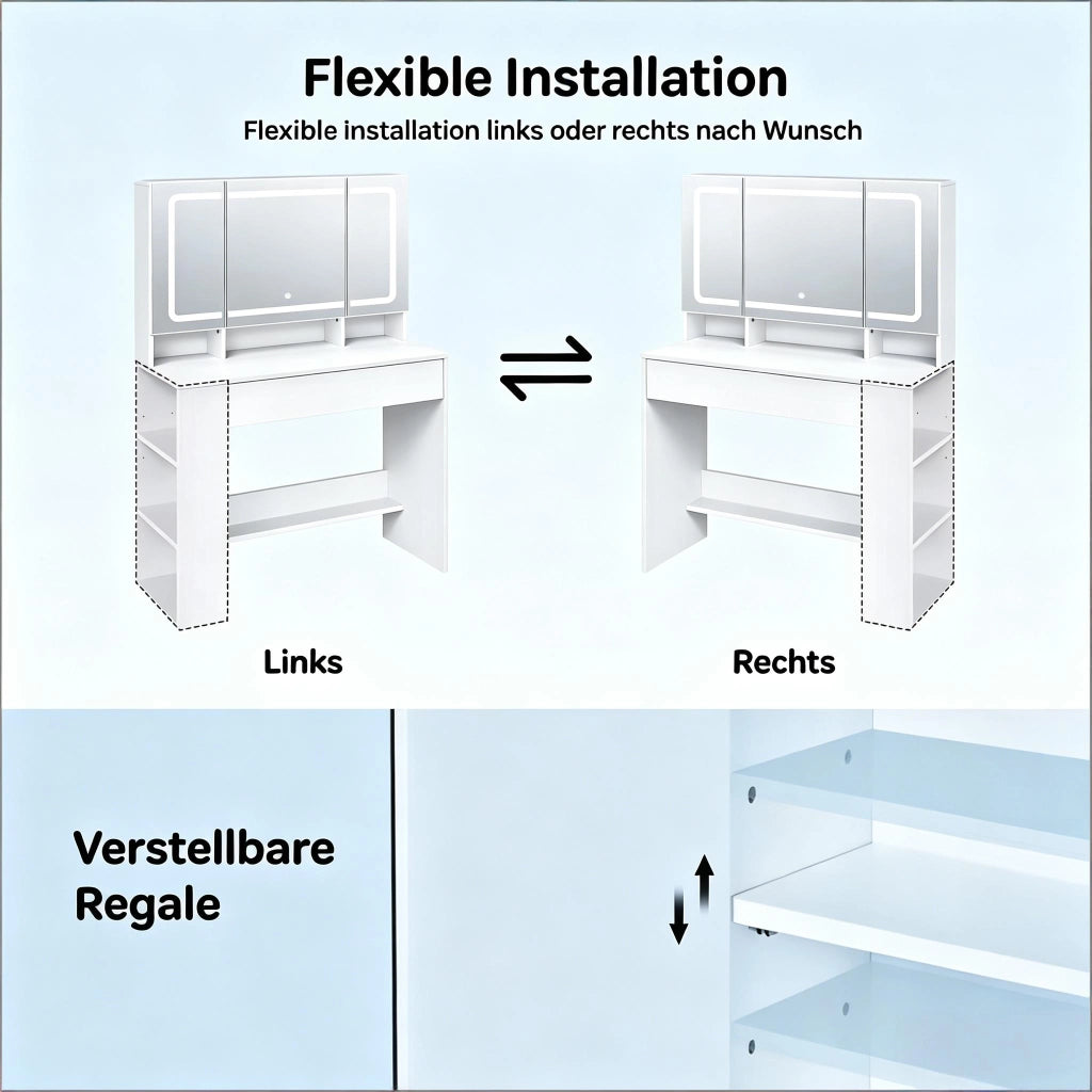 Toeletta con specchio LED; cassetto; armadietti e vani aperti per camera da letto; in MDF e vetro; bianco; 90×40×135 cm