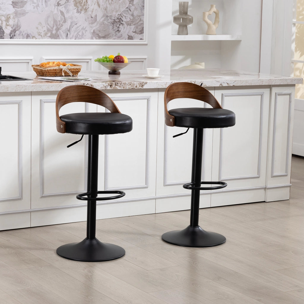 Set di 2 sgabelli da bar girevoli 360° con schienale, altezza regolabile, seduta in PU nero, struttura in metallo