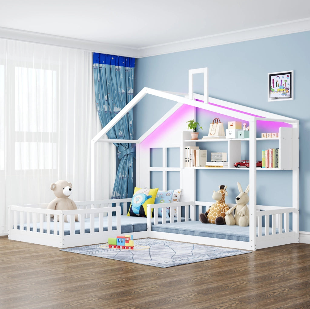 Letto per bambini a casetta con LED; mensole e sponde di sicurezza; 90x200 cm; bianco