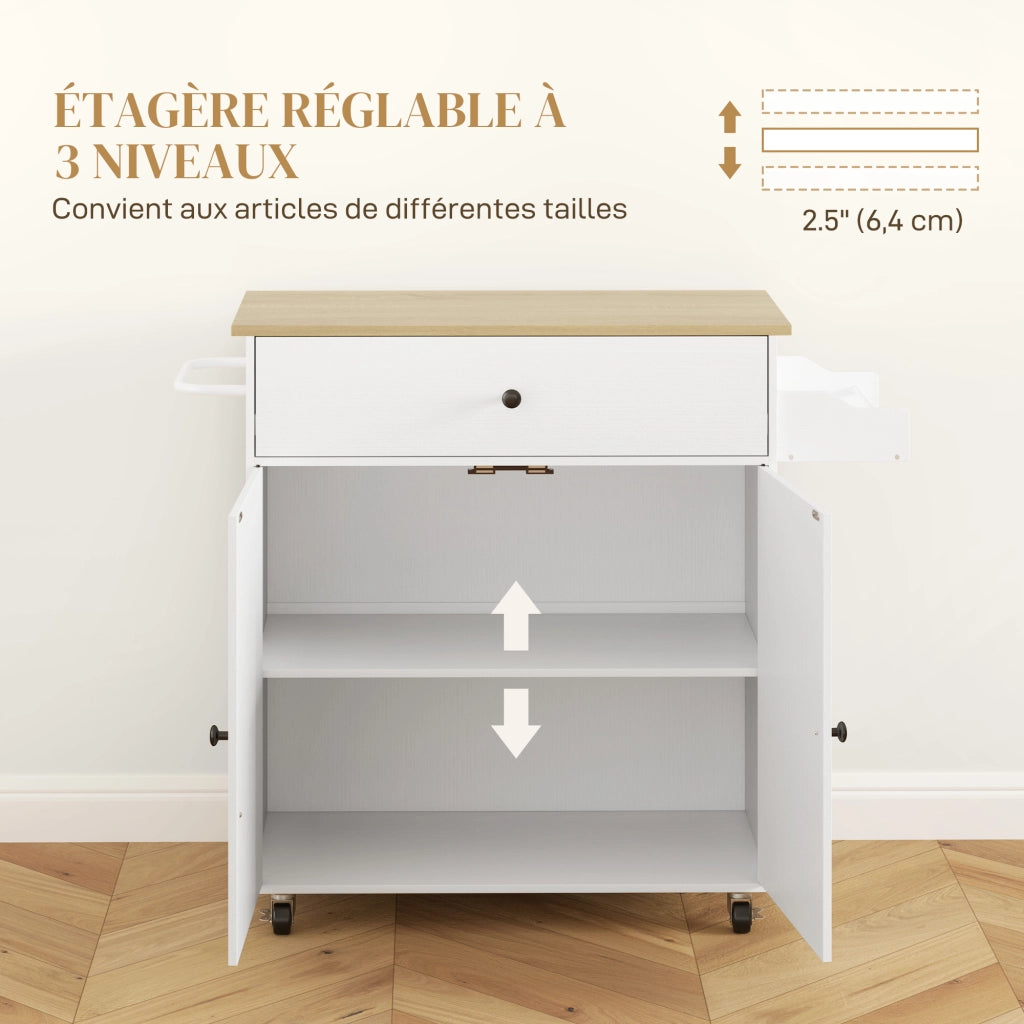 Tavolino da cucina con ruote ¨C zephmum ¨C con cassetto, ripiano regolabile, porta spezie e porta asciugamani