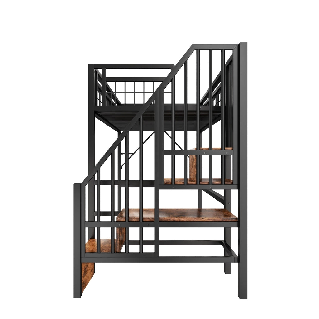 OKWISH Letto a Soppalco 90×200 cm, Letto Singolo con LED Regolabile, Scala con Contenitori e Spazio Libero, senza Materasso, in Metallo, Nero