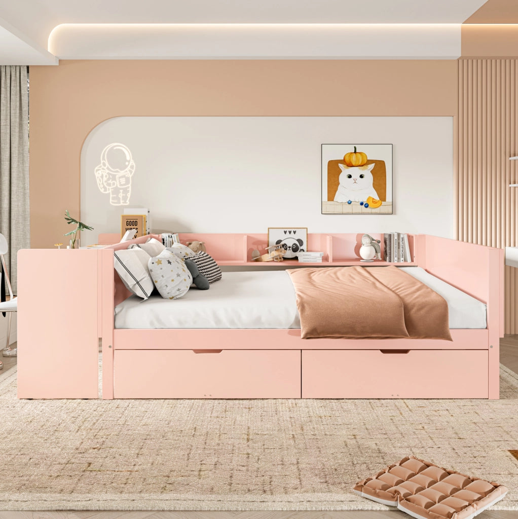 Letto matrimoniale 140x200 cm con scrivania, scaffali e 2 cassetti rosa