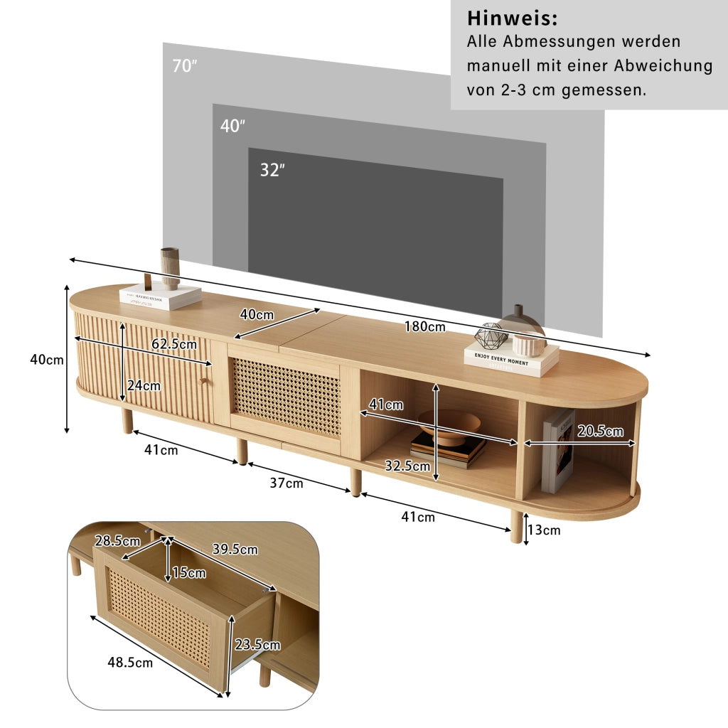 Mobile TV con 2 ante scorrevoli e 1 cassetto - per soggiorno - MDF - 180×40×40 cm - naturale