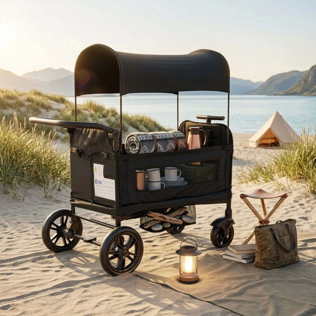 Carretto per bambini con sedile, carretto/passeggino pieghevole per 2 bambini, nero, maniglione imbottito regolabile in 8 posizioni, capottina parasol