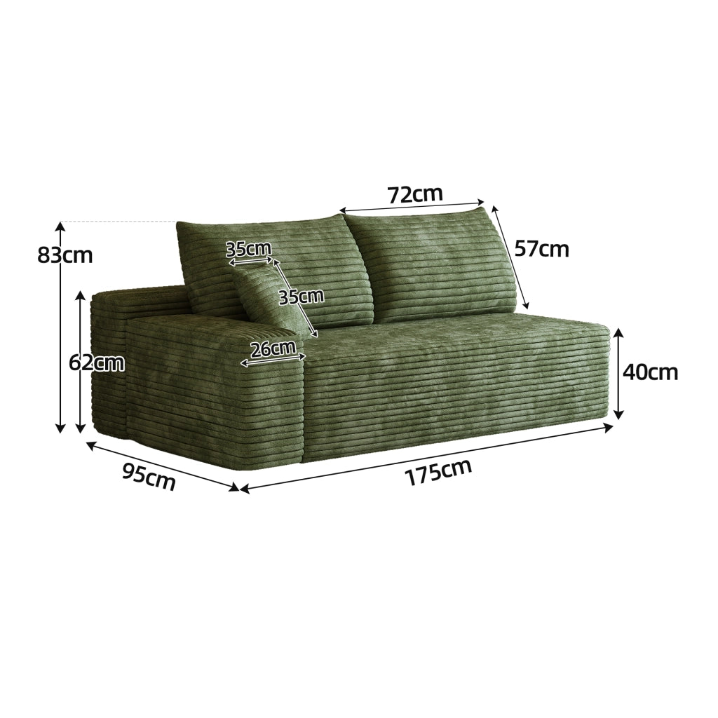 Chaise longue modulare 2 posti con seduta ampia e senza montaggio per soggiorno in tessuto effetto velluto a coste verde