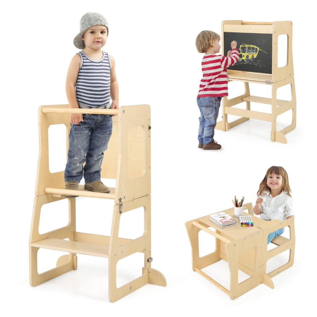 Torre apprendimento da cucina pieghevole per bambini 3 in 1, Sgabello montessori per bambini con lavagna Naturale
