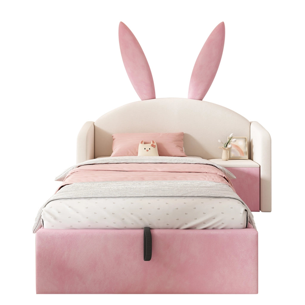 Letto Contenitore per Bambini 90 x 200 cm con Comodino e Orecchie - Beige e Rosa