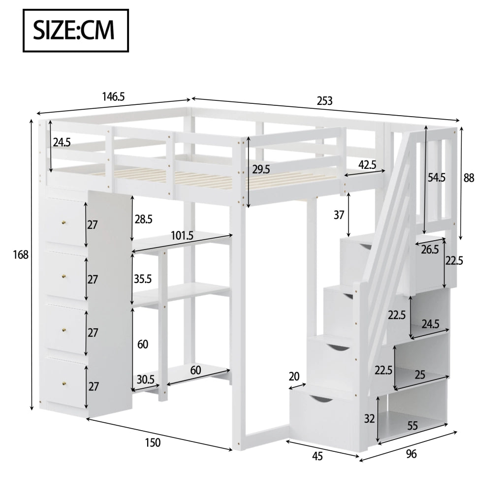 Letto a soppalco 90×200 cm e 140×200 cm con 4 cassetti; ripiani e scala; senza materasso; legno; bianco