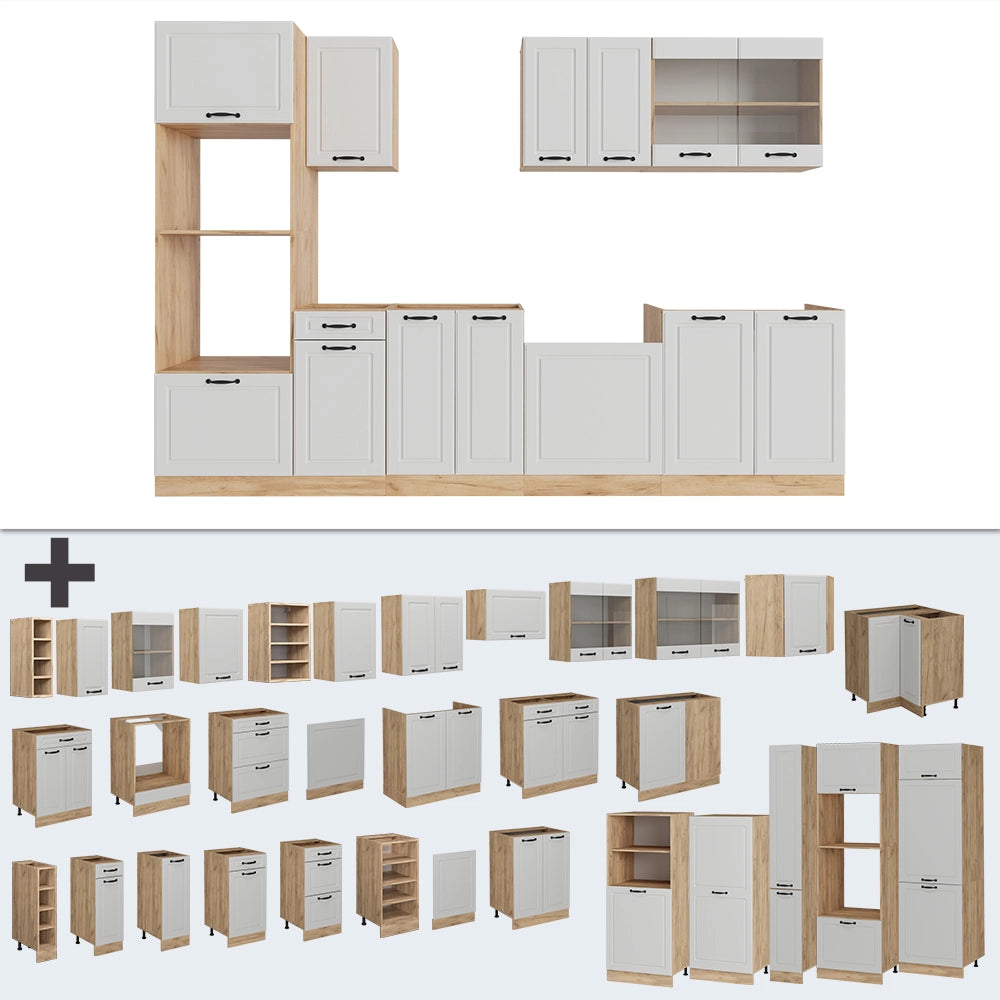 Cucina componibile R-Line Bianco rustico/Rovere dorato 300 cm con armadio alto, PL Rovere Vicco