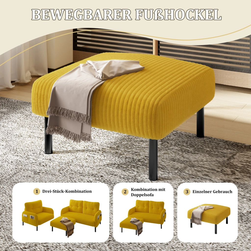 Pouf Reposapiedi in Velluto a coste con Seduta imbottita, Giallo, 56 × 51 × 39 cm
