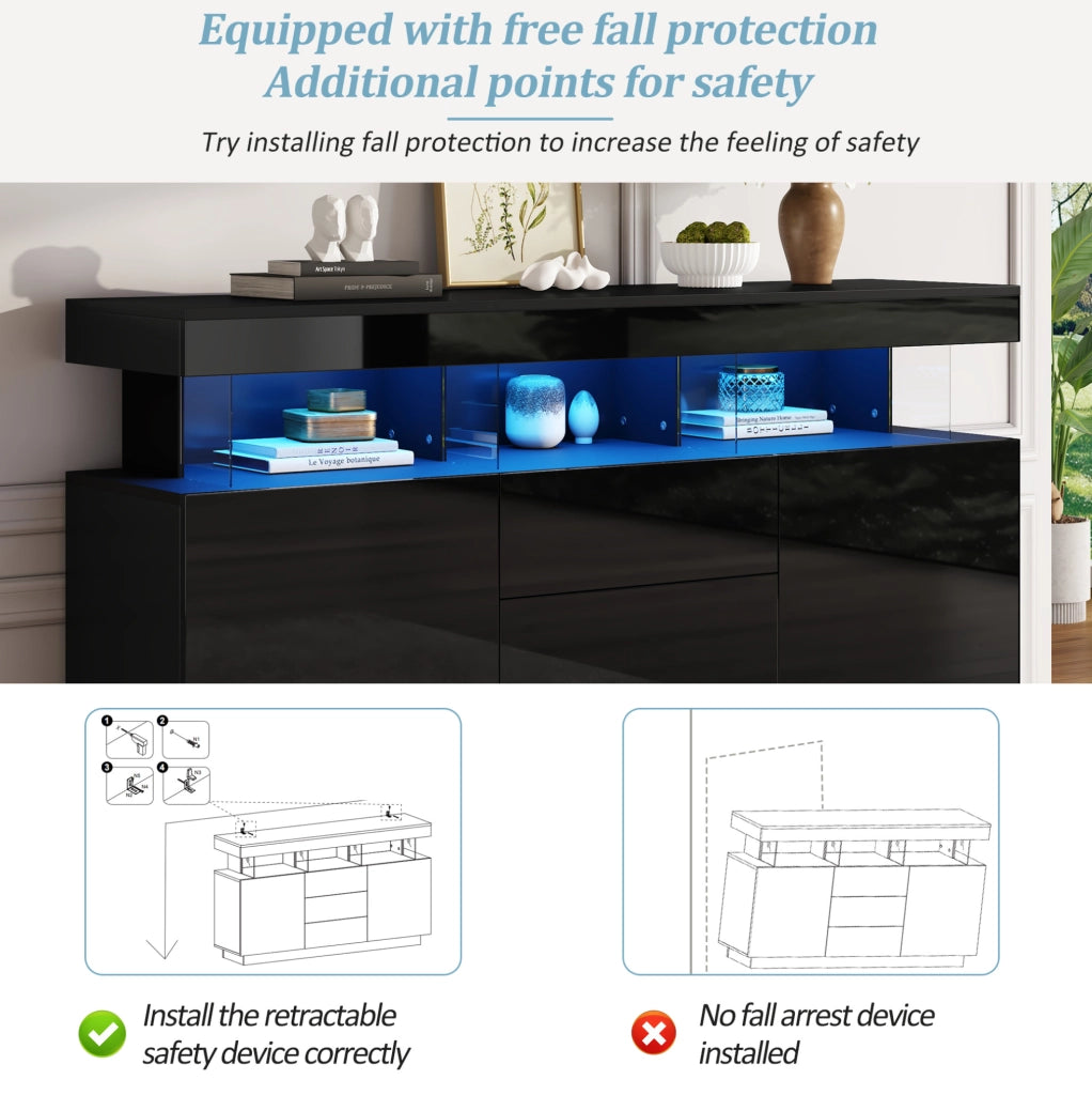 Credenza moderna lucida 140 x 35 x 80 cm con LED; 3 cassetti e 2 ante; nero