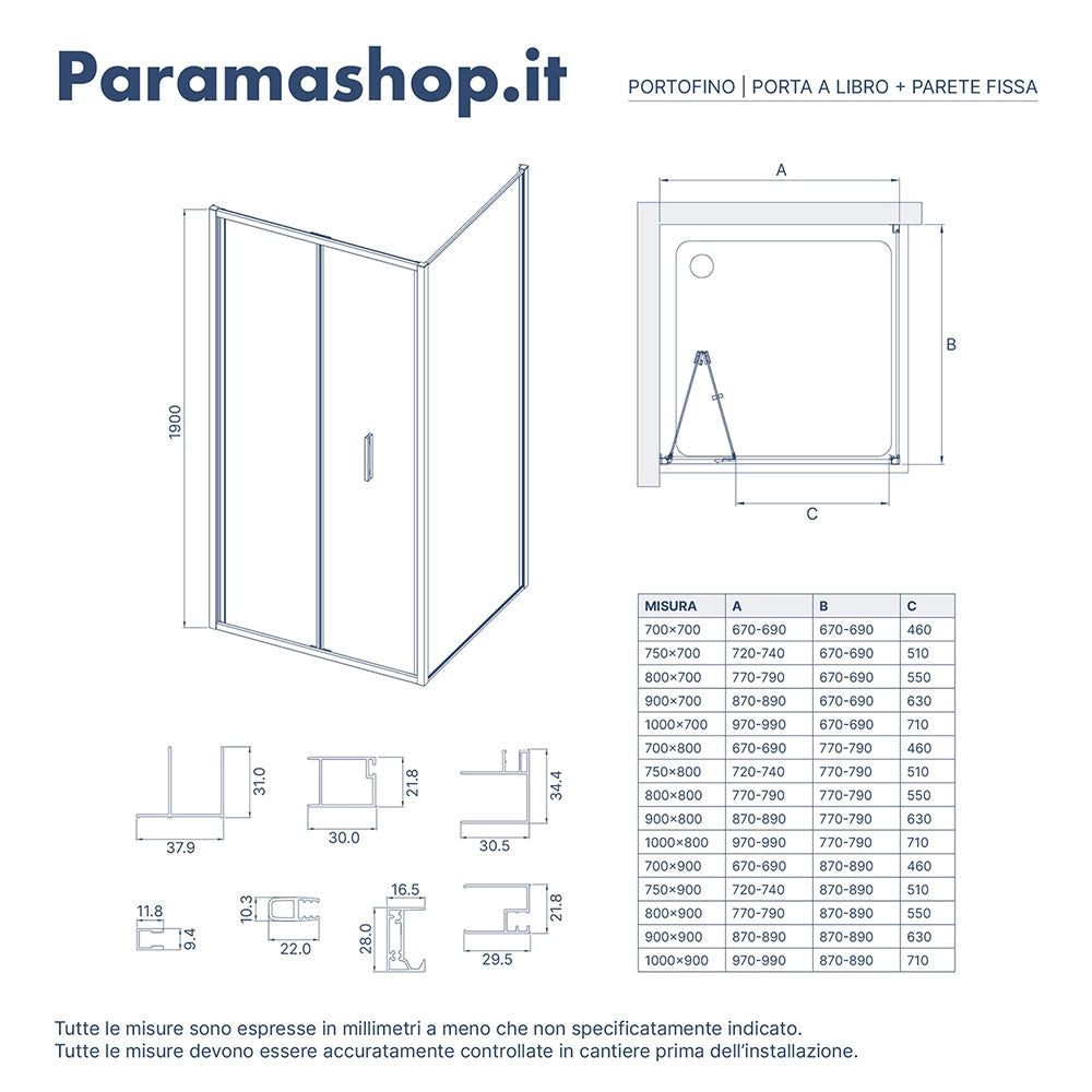 Box doccia slim 80x70cm con porta a libro e parete fissa profili cromati e vetro 6mm opaco h190| Portofino