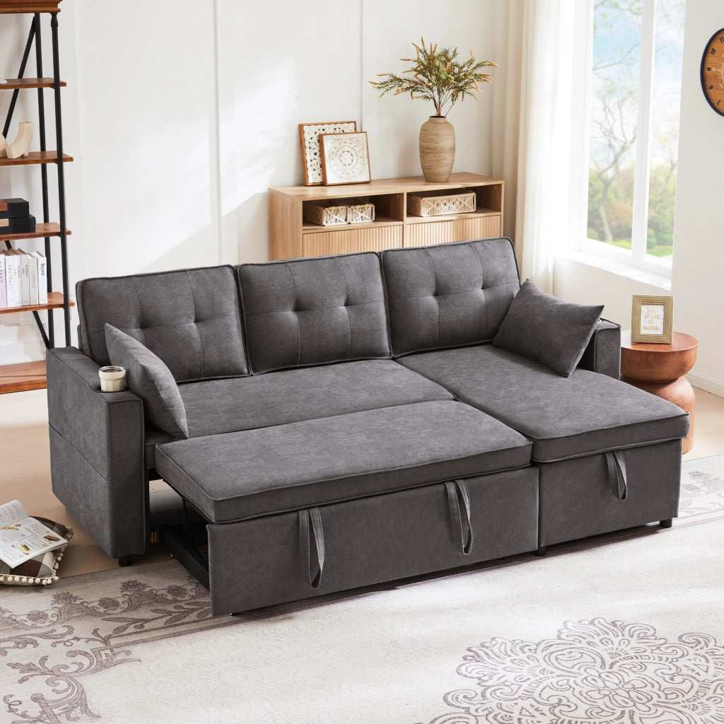 Divano Angolare Letto 3 Posti con Contenitore, Chaise Longue Reversibile, Tasche e Portabicchieri in Cotone Lino Grigio 211 × 130 × 86 cm