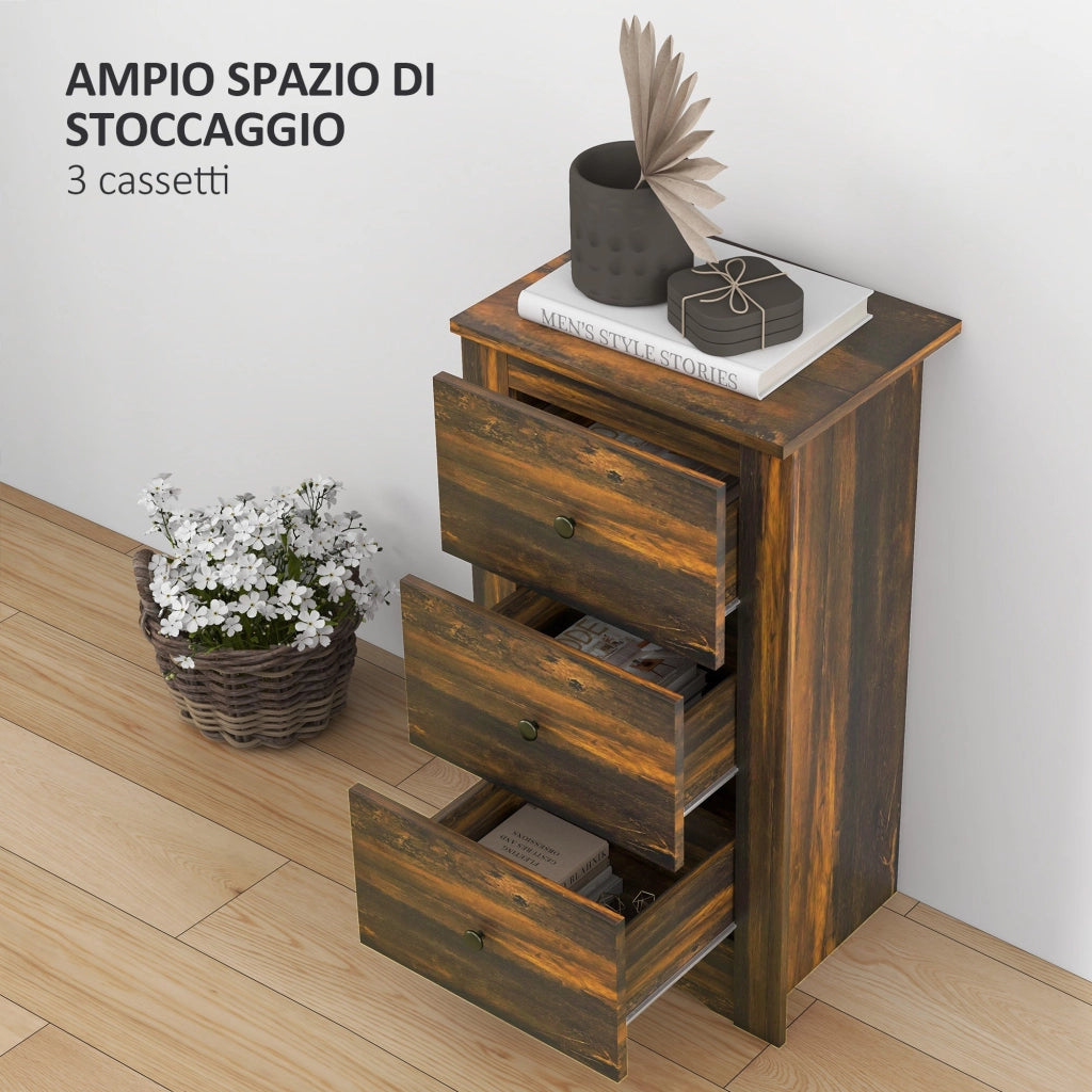 Comodino 3 Cassetti Stile Rustico 40x30x74 cm Marrone