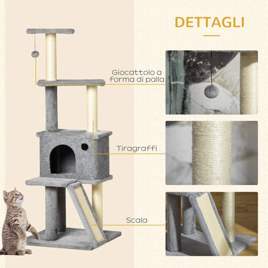 Albero Tiragraffi Multilivello con Casetta 48x48x125 cm Rivestimento in Peluche e Sisal Grigio